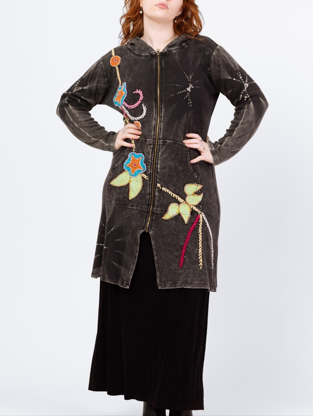 Y2k Rising International Embroidered Black Longline Zip Jacket!